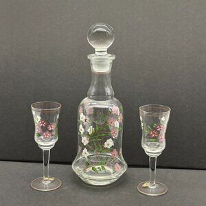 VTG 70s Decanter & Cordial‎ Glasses Set Floral Gold Trim Romanian Hand Painted